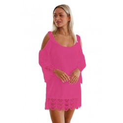 Rosy Lacy Crochet Trim Crinkle Cold Shoulder Beachwear